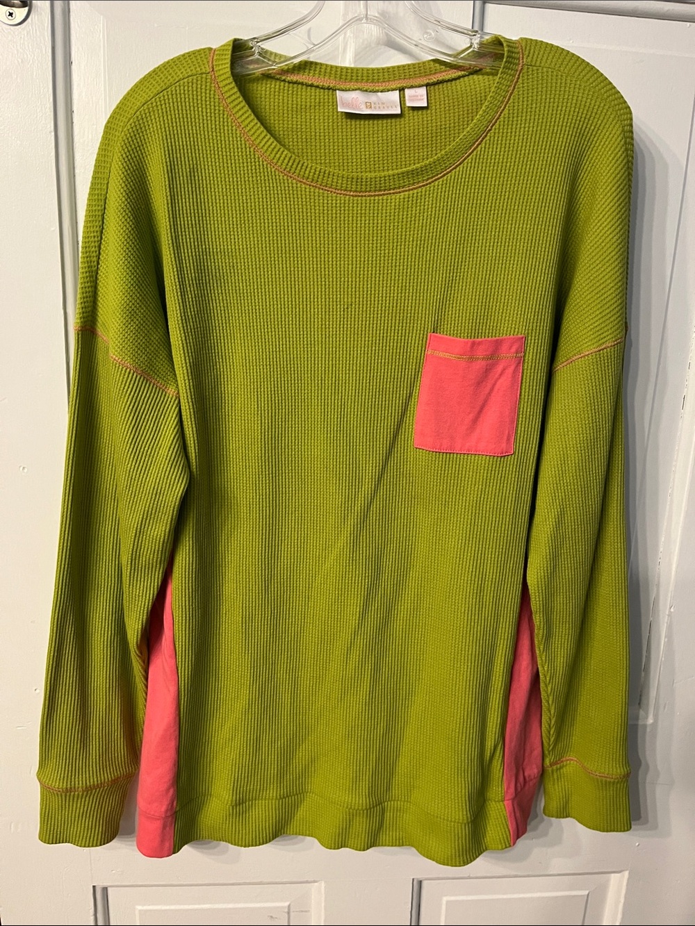 Belle by Kim Gravel green pink thermal  knit top L